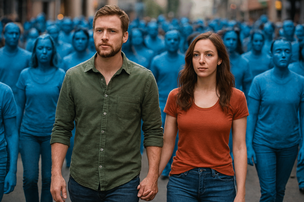 A man and woman walk hand-in-hand through a surreal urban crowd of blue-painted bodies, their natural tones and warm clothing radiating individuality and quiet defiance against the faceless uniformity surrounding them.