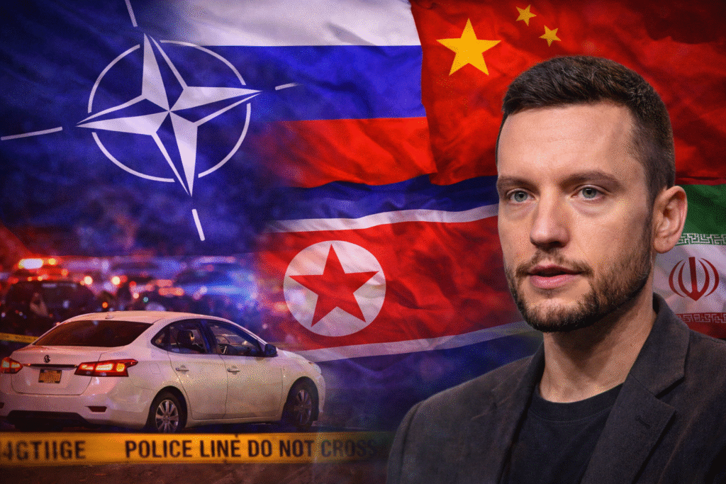 Composite image showing journalist Ben Norton in the foreground with the NATO emblem and the flags of Russia, China, North Korea, and Iran in the background, illustrating commentary on NATO’s involvement in multiple global conflicts.