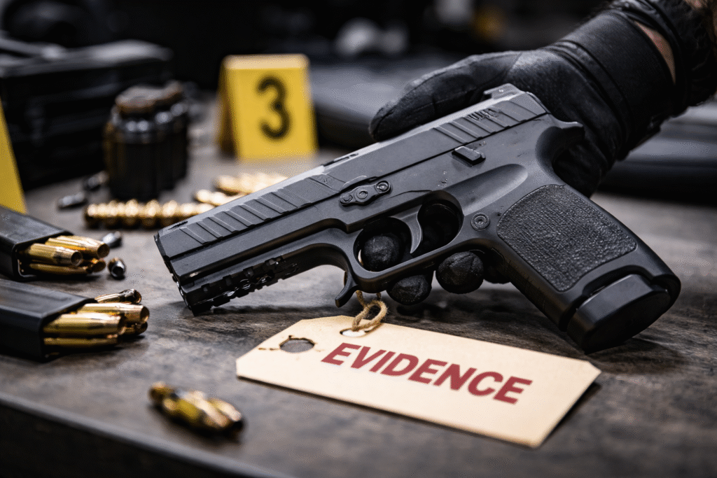 Close-up of a Sig Sauer P320 handgun held on an evidence table with ammunition and an evidence tag during a law enforcement investigation.