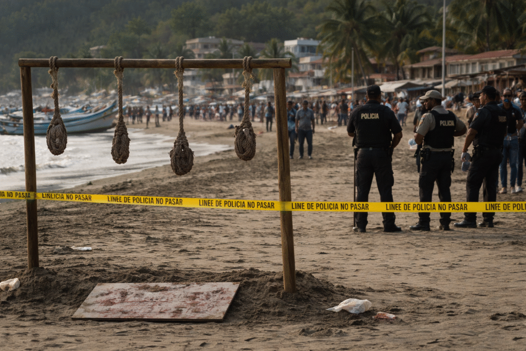Police secure a beach crime scene in Puerto Lopez, Ecuador, with yellow tape and officers standing near wooden poles and fishing boats as onlookers gather in the background.