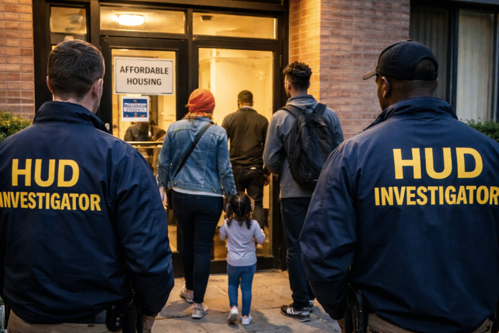 HUD investigators stand outside an affordable housing apartment building in Minneapolis as residents enter during an active federal housing discrimination investigation.