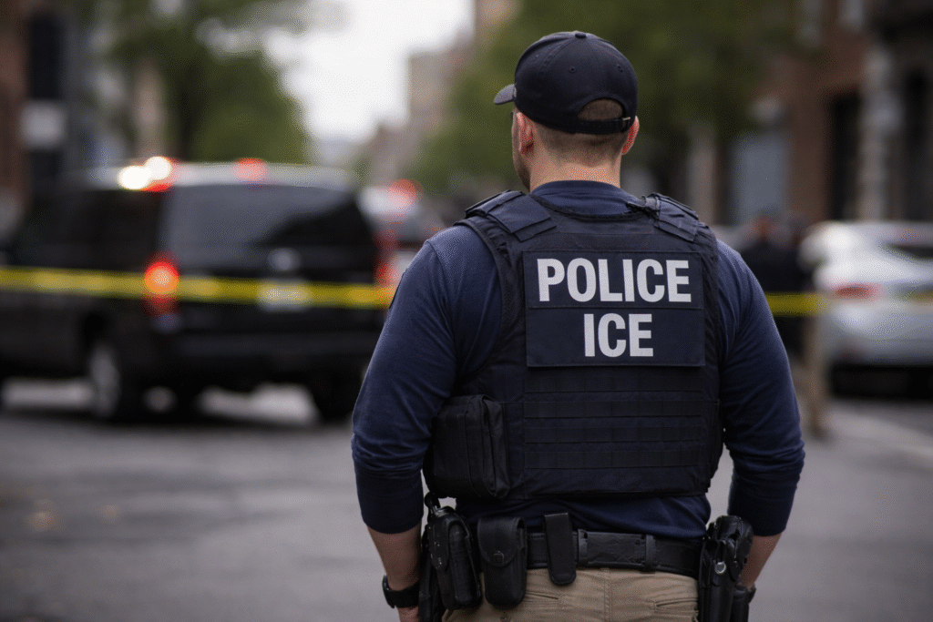 ICE officer wearing a tactical vest stands on a city street near an unmarked law enforcement SUV with emergency lights visible in the background.