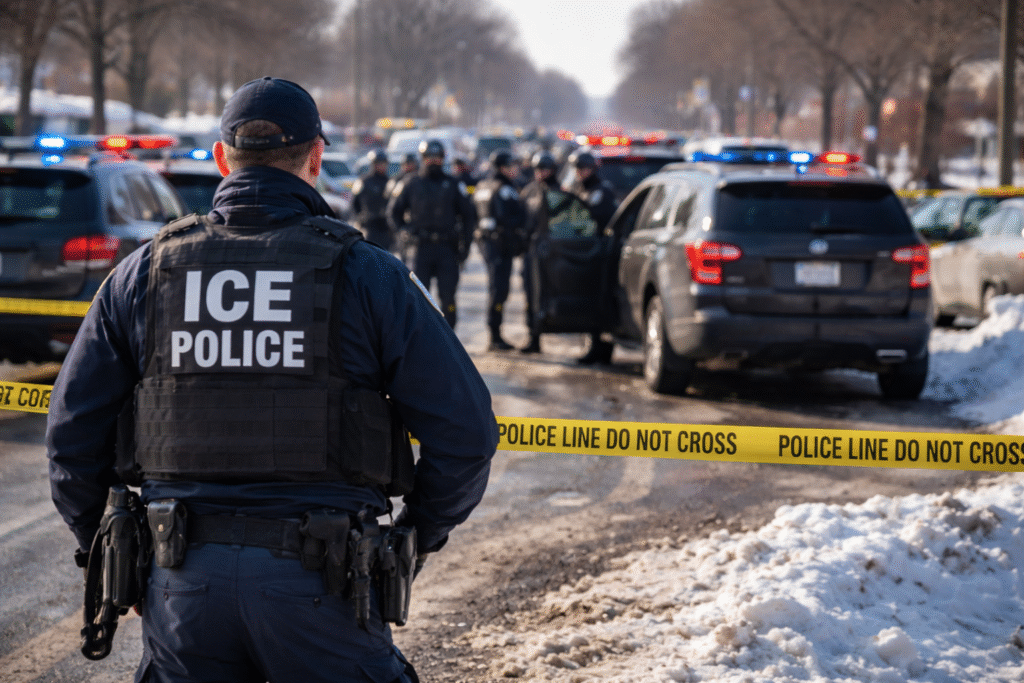 ICE officer stands behind police tape on a snowy Minneapolis street as law enforcement vehicles and officers secure a scene during an immigration enforcement operation.