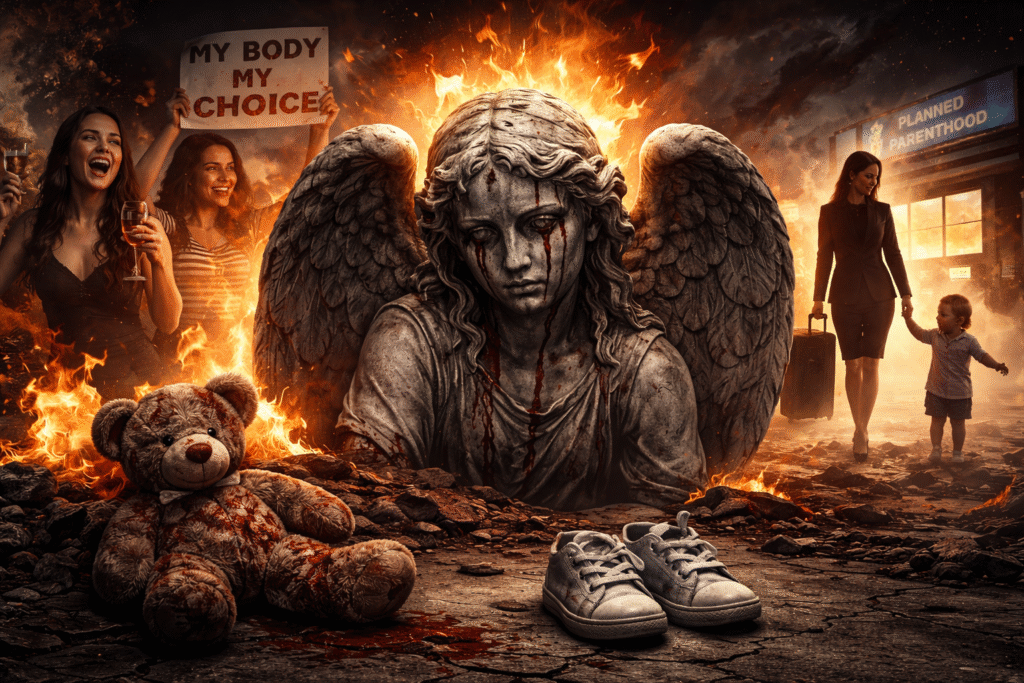 A dramatic digital illustration showing a damaged stone angel statue surrounded by flames, with a discarded teddy bear and children’s shoes in the foreground, women celebrating in the background, and a businesswoman walking away holding a child’s hand near a clinic building.