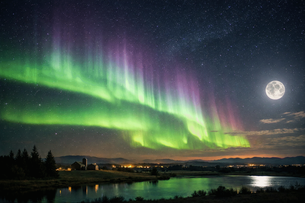 Green and purple aurora borealis stretching across a star-filled night sky above a rural landscape with a lake, distant hills, and a bright full moon illuminating the horizon.