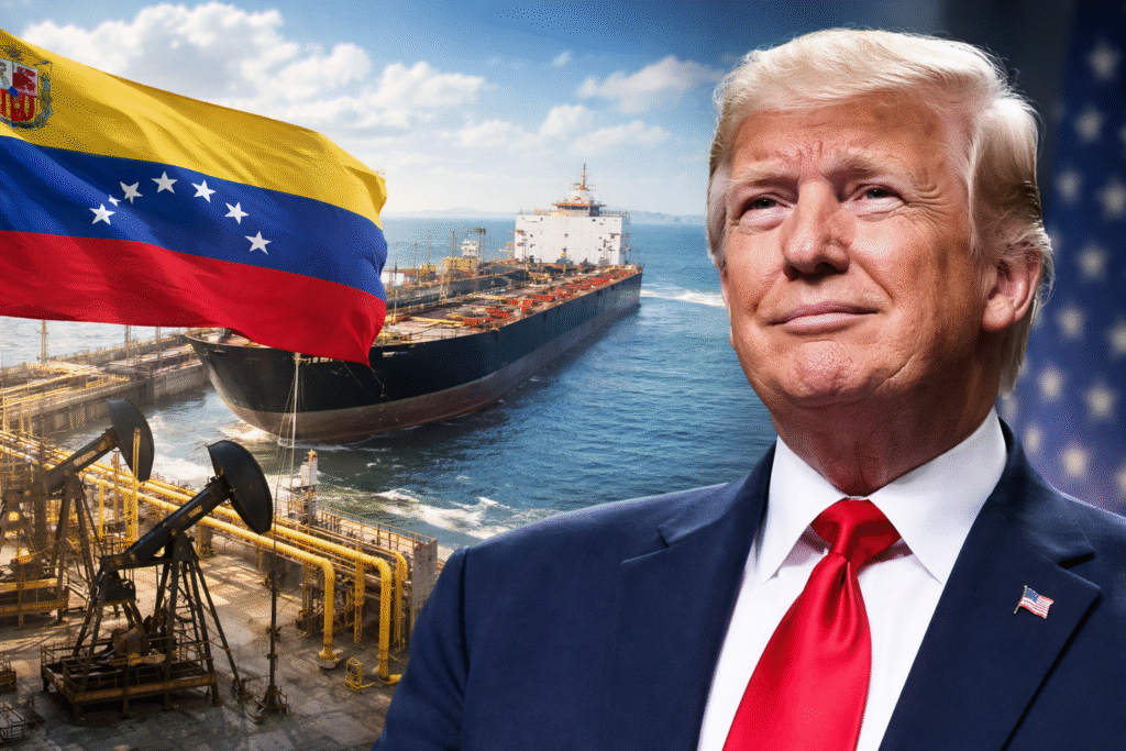 President Donald Trump alongside a Venezuelan oil tanker at a port, with oil pumping infrastructure and the Venezuelan flag visible, symbolizing U.S. control over Venezuelan oil exports.