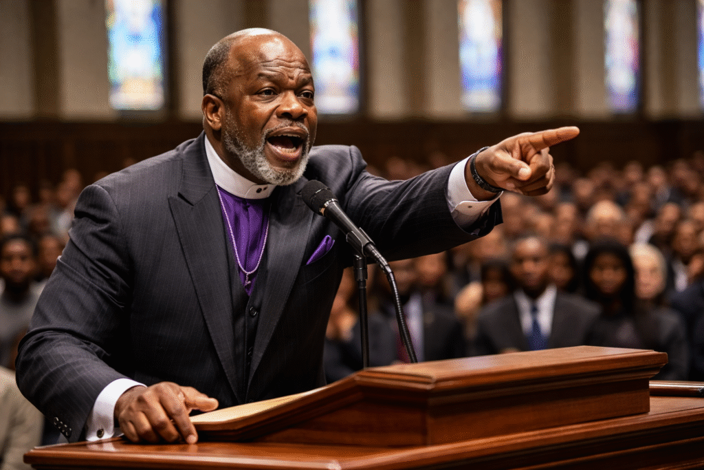 A pastor speaks emphatically from a church pulpit during a worship service as congregants listen in the background.