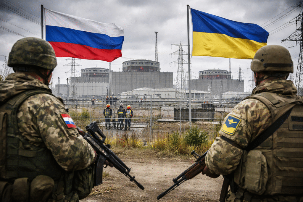 Armed soldiers stand guard near the Zaporozhye Nuclear Power Plant as Russian and Ukrainian flags fly beside damaged power infrastructure, with technicians working near reactor buildings under an overcast sky.