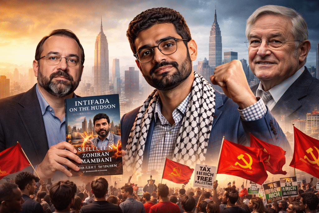 Zohran Mamdani standing in front of the New York City skyline wearing a keffiyeh, flanked by author Robert Spencer holding his book and George Soros, with protest crowds and red flags visible in the foreground.