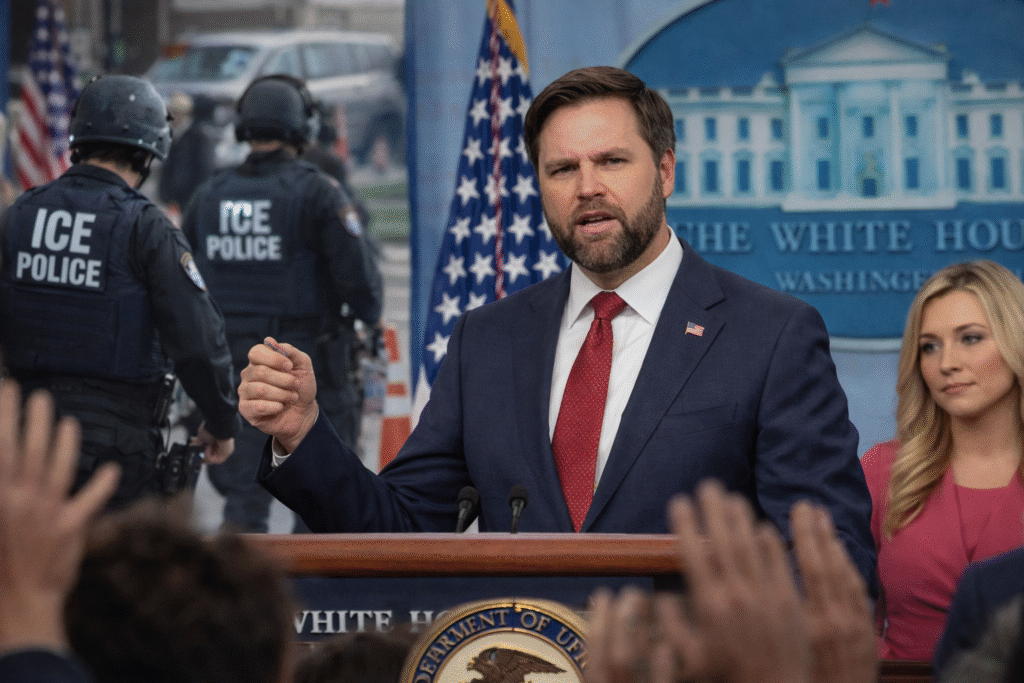 JD Vance speaking at a White House press briefing podium with the White House backdrop behind him, ICE agents visible in the background, and Press Secretary Karoline Leavitt standing nearby.
