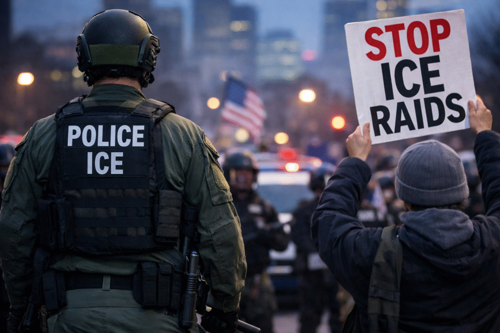 Federal ICE officers in tactical gear face a peaceful protester holding a sign reading “Stop ICE Raids” during an immigration enforcement demonstration in Minneapolis at dusk, with city lights and law enforcement vehicles in the background.