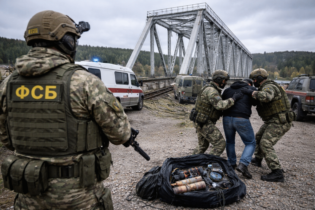 Russian security forces detain a suspect near a steel railway bridge in Perm Territory as emergency vehicles and equipment are visible at the scene of a foiled sabotage attempt.