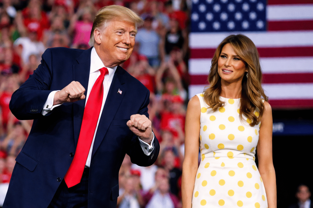 President Donald Trump performs his signature dance at a MAGA rally while Melania Trump stands beside him, watching with a reserved expression as supporters and an American flag fill the background.