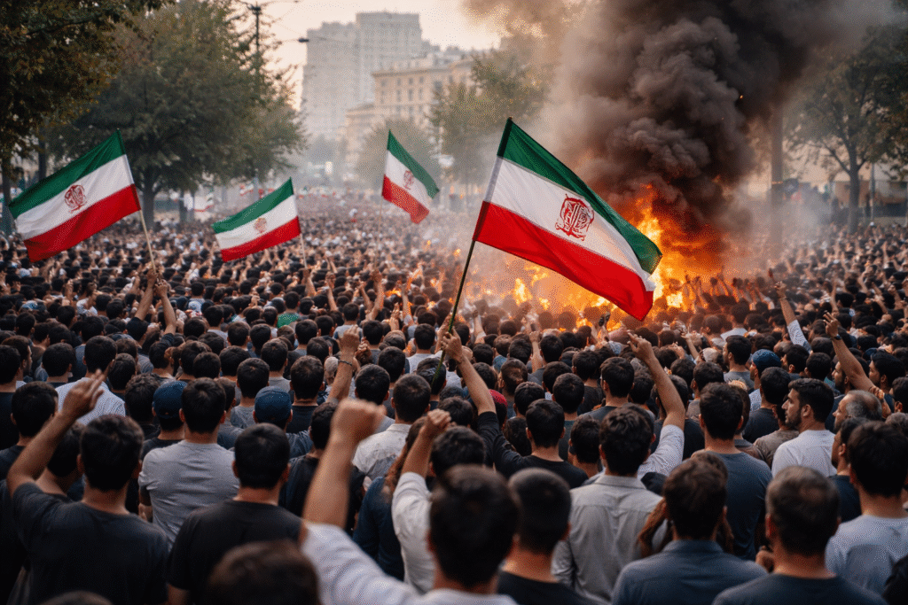 Large crowd of protesters in Tehran waving Iranian flags as fires burn and smoke rises in the background during nationwide anti-government demonstrations.