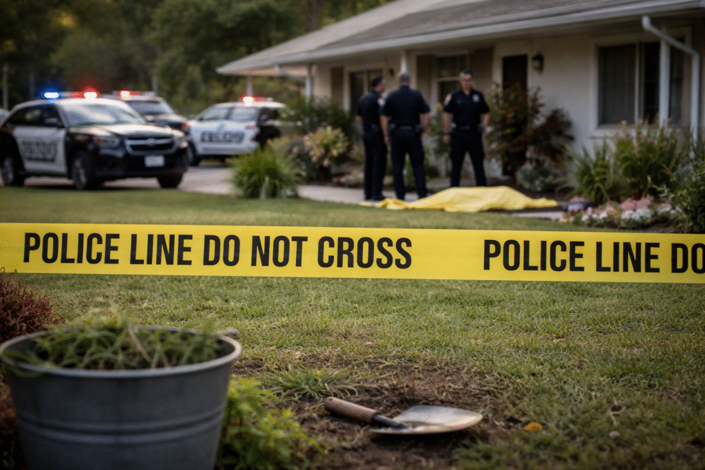 Police investigate a suburban Florida shooting scene with yellow crime scene tape, officers, patrol cars, and a weed-filled bucket and garden trowel visible in the front yard.