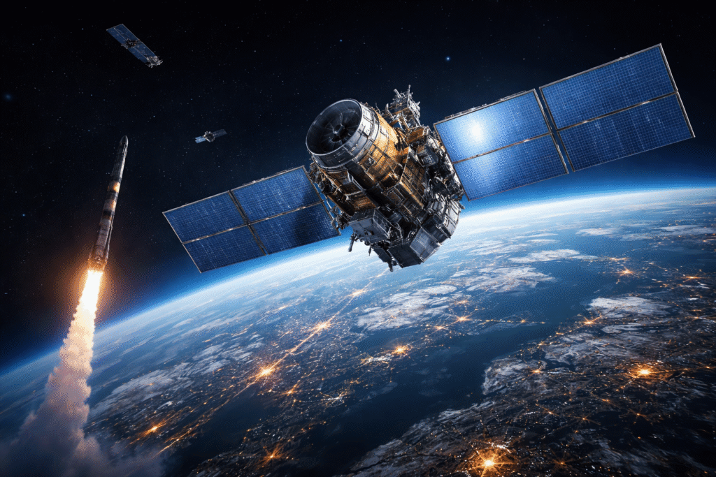 Low Earth orbit missile warning satellite with solar panels above Earth as a ballistic missile launches from the surface, with additional satellites visible in space.