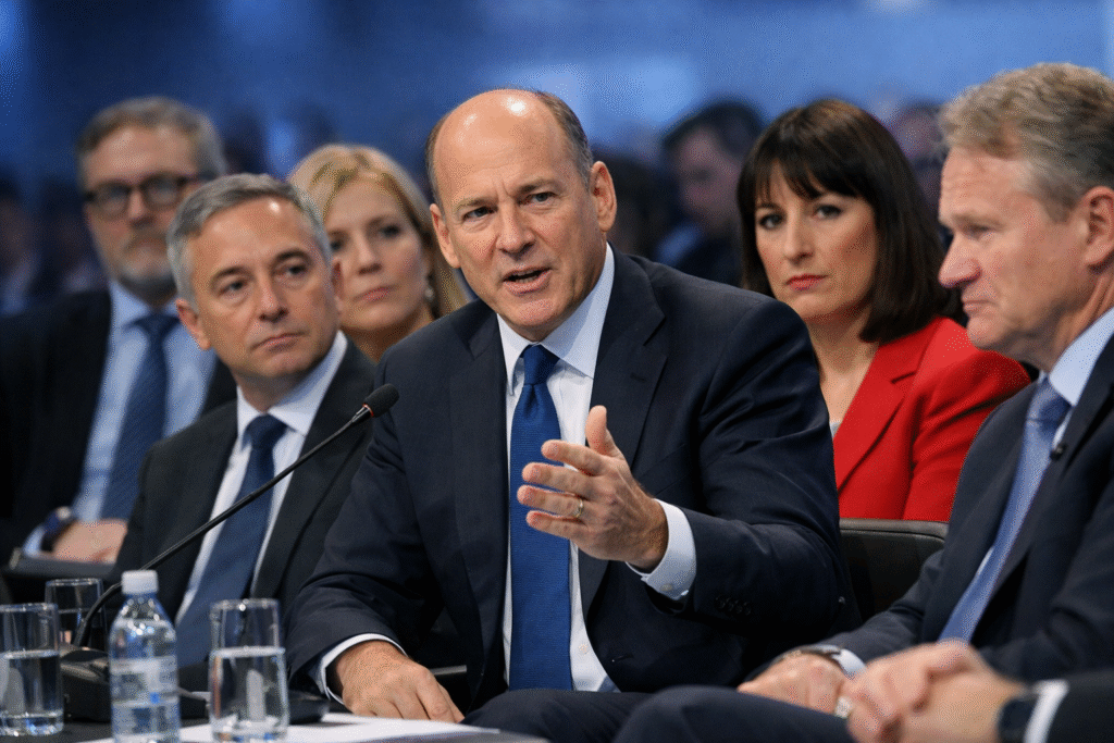 Howard Lutnick speaks during a World Economic Forum panel discussion, seated at a conference table with international political and business leaders listening beside him in a modern forum setting.