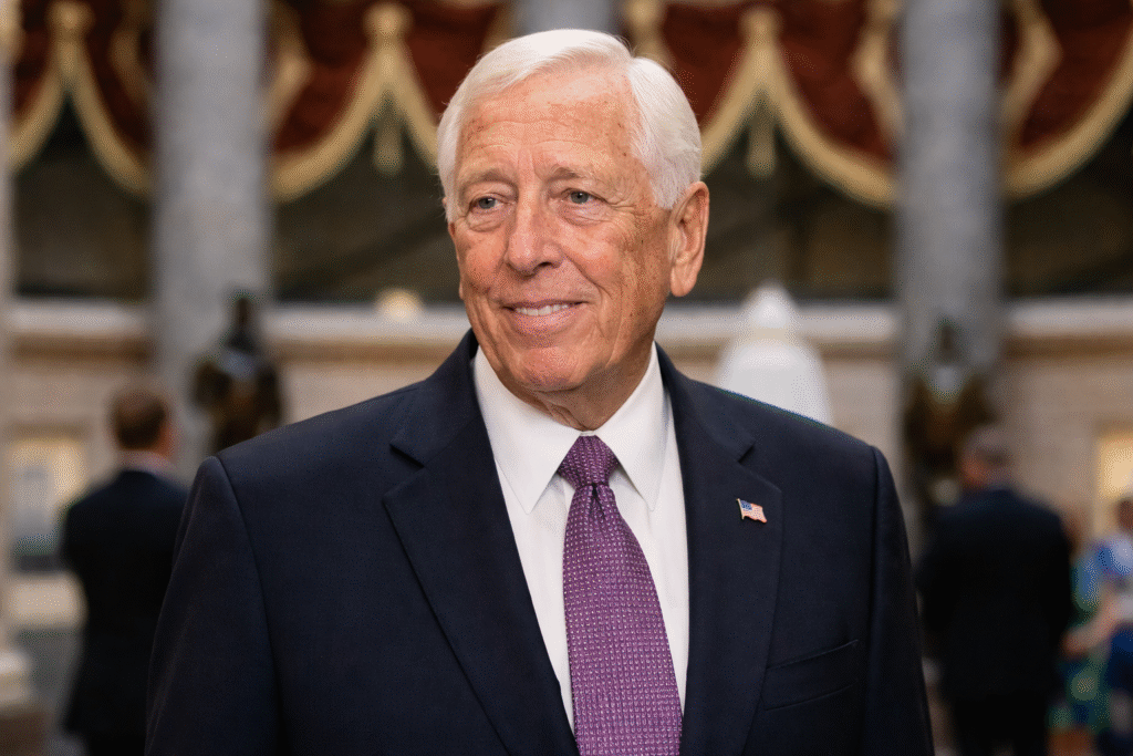 Rep. Steny Hoyer stands inside the U.S. Capitol wearing a dark suit and tie, with architectural details of the Capitol visible in the background.