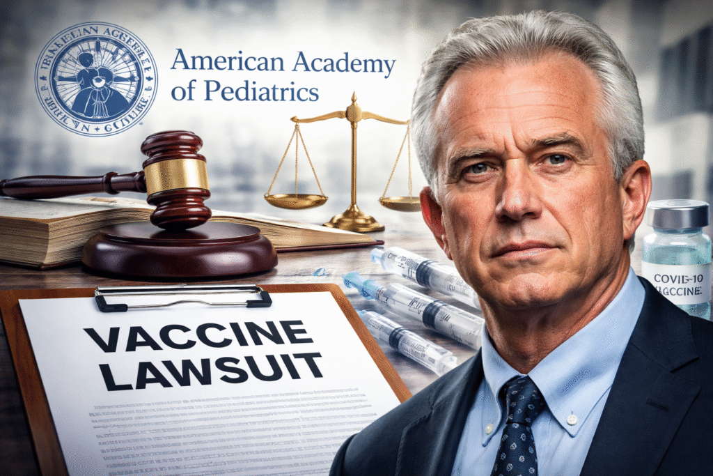 Composite news image showing a judge’s gavel and law book beside vaccine vials and syringes, with Robert F. Kennedy Jr. in the foreground, symbolizing a federal court challenge over U.S. vaccine policy changes.
