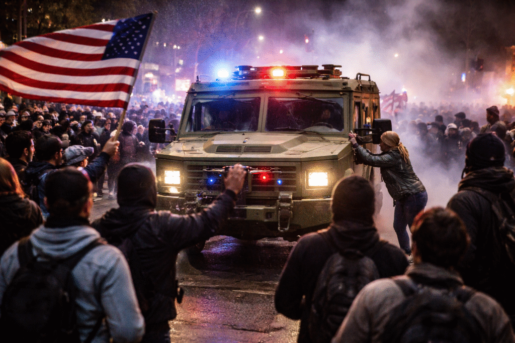 Protesters surround a green armored law enforcement vehicle in Minneapolis at night as tear gas fills the street, with crowds waving an upside-down American flag and confronting authorities following a federal agent-involved shooting.