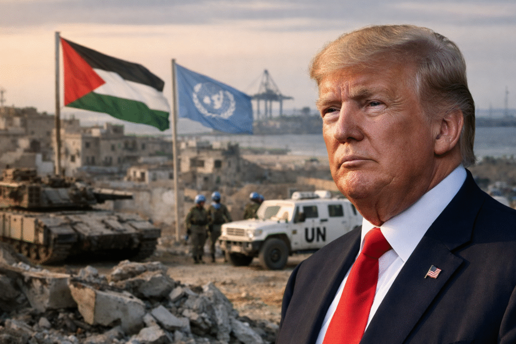 U.S. President Donald Trump standing in the foreground with damaged buildings in Gaza behind him, alongside UN peacekeepers, armored vehicles, and Palestinian and UN flags during a post-conflict security scene.