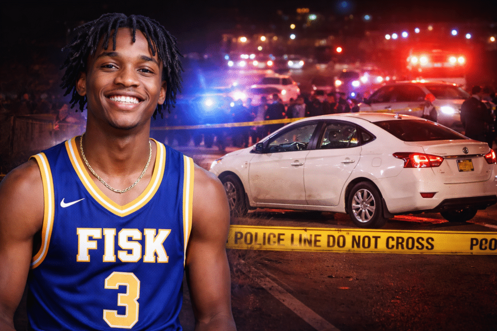 Composite image showing a smiling Fisk University basketball player in uniform alongside a nighttime Nashville interstate crime scene with police vehicles, flashing emergency lights, a damaged white sedan, and police tape following a fatal shooting.