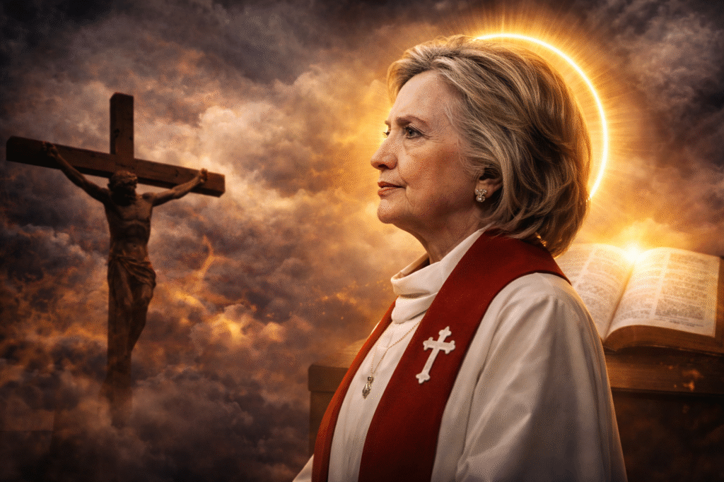 Profile view of Hillary Clinton depicted in clerical-style clothing with a red stole and cross emblem, shown against a dramatic background featuring a crucifix and an open Bible illuminated by warm light.