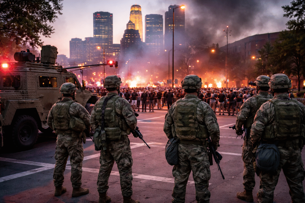 National Guard troops in camouflage gear standing on a Minneapolis street as fires burn and smoke rises behind a crowd during nighttime unrest.