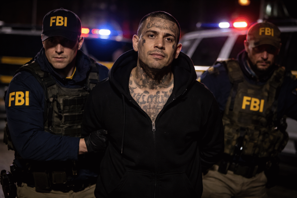 A handcuffed suspect is escorted by FBI agents at night in Minneapolis, with police vehicles and flashing emergency lights visible in the background.