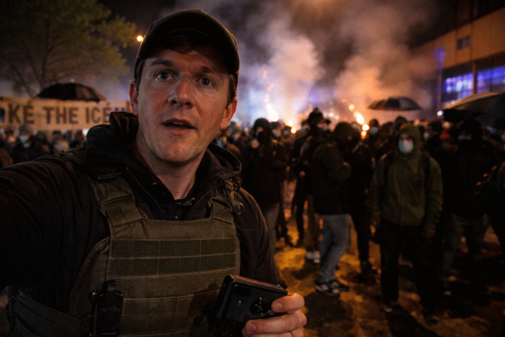 Investigative journalist James O’Keefe wearing protective gear records video amid a nighttime anti-ICE protest in Minneapolis, with smoke, flares, and masked demonstrators visible in the background.