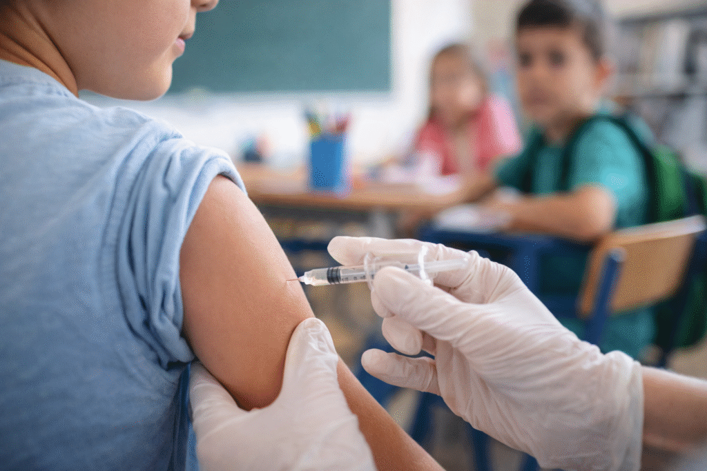 A healthcare worker wearing gloves administers a vaccine to a young child’s upper arm inside a classroom, with other students seated at desks in the background.