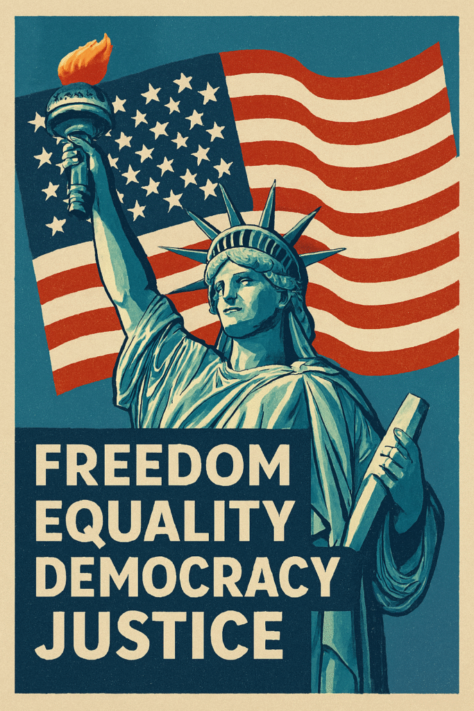 It features the Statue of Liberty with the American flag waving behind her, and bold words below: FREEDOM, EQUALITY, DEMOCRACY, JUSTICE. The style is vintage, with strong patriotic colors and a textured poster-like feel.