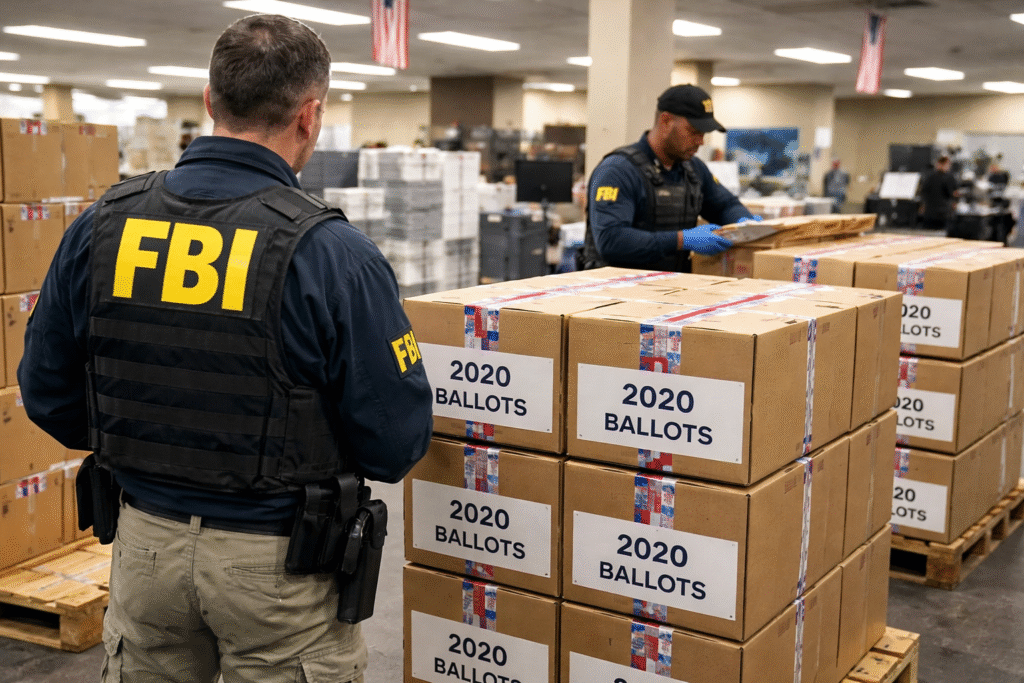 FBI agents inspect and handle sealed boxes labeled “2020 ballots” inside a large county election office during a federal search operation.