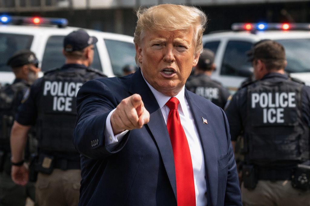 President Donald Trump points while speaking outdoors, with ICE officers in tactical gear and police vehicles visible in the background during a law enforcement operation setting.