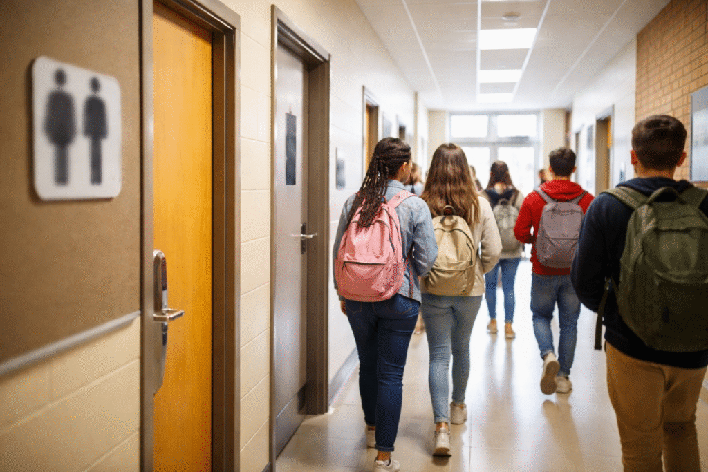 School hallway with student silhouettes passing by restroom doors, illustrating the context of a school bathroom policy debate.