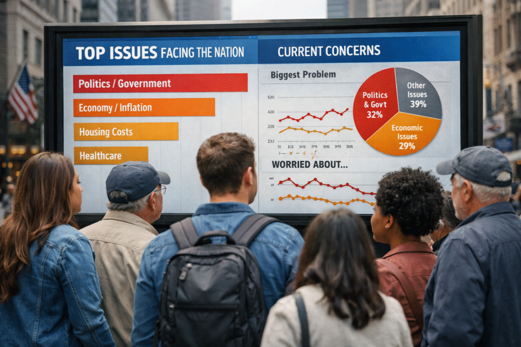 Group of diverse American adults in city setting looking at a public display of survey and poll results about national issues.
