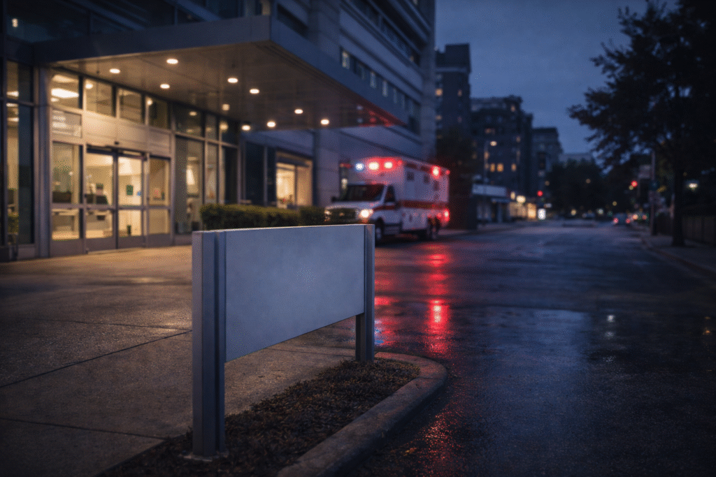 Entrance of a hospital at dusk with emergency lights softly reflected on the pavement and an ambulance bay visible in the background, symbolizing the hospitalization of a senior senator.