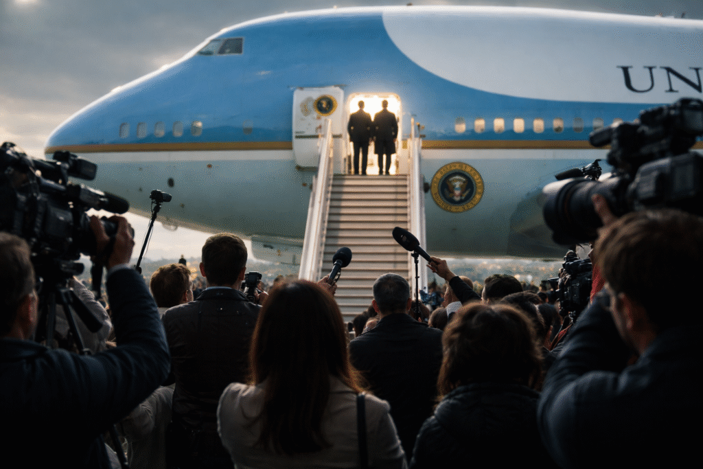 Press briefing scene at a presidential aircraft with reporters and cameras capturing a major political statement about classified information and extraterrestrial claims.