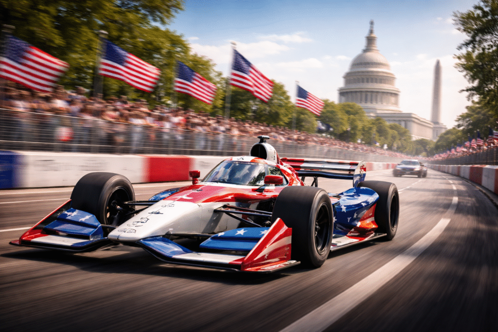 IndyCar racing on a temporary street course near the National Mall in Washington, D.C., captured in motion to symbolize the Freedom 250 Grand Prix celebration.