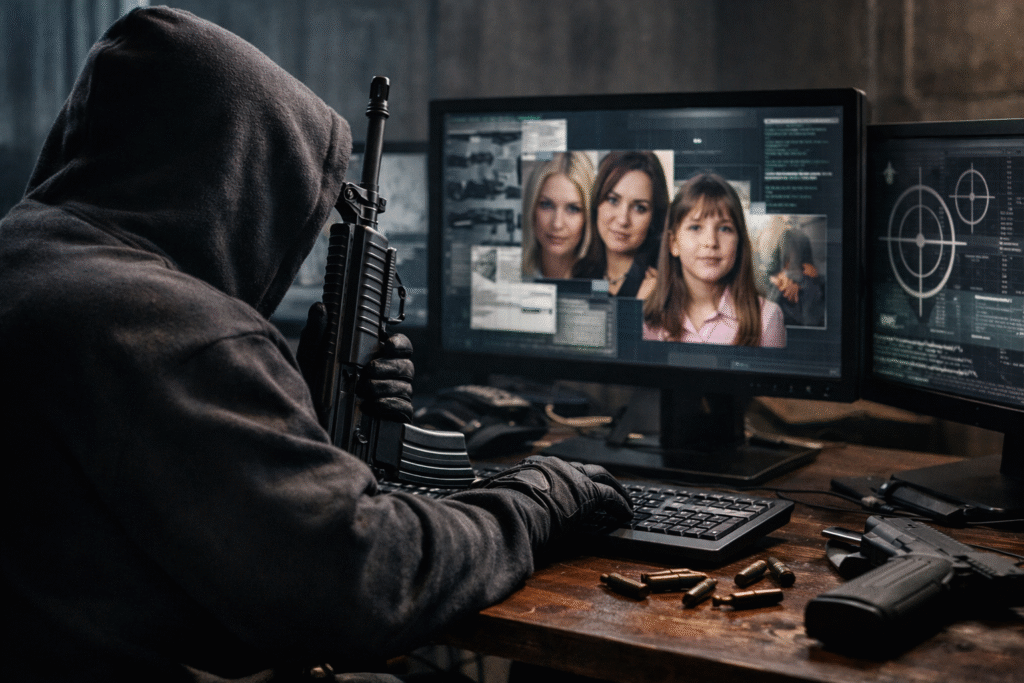 Dark, symbolic image showing a hooded individual at a computer desk with firearms visible, facing multiple monitors displaying unidentified female faces, representing a news story about targeted violence.