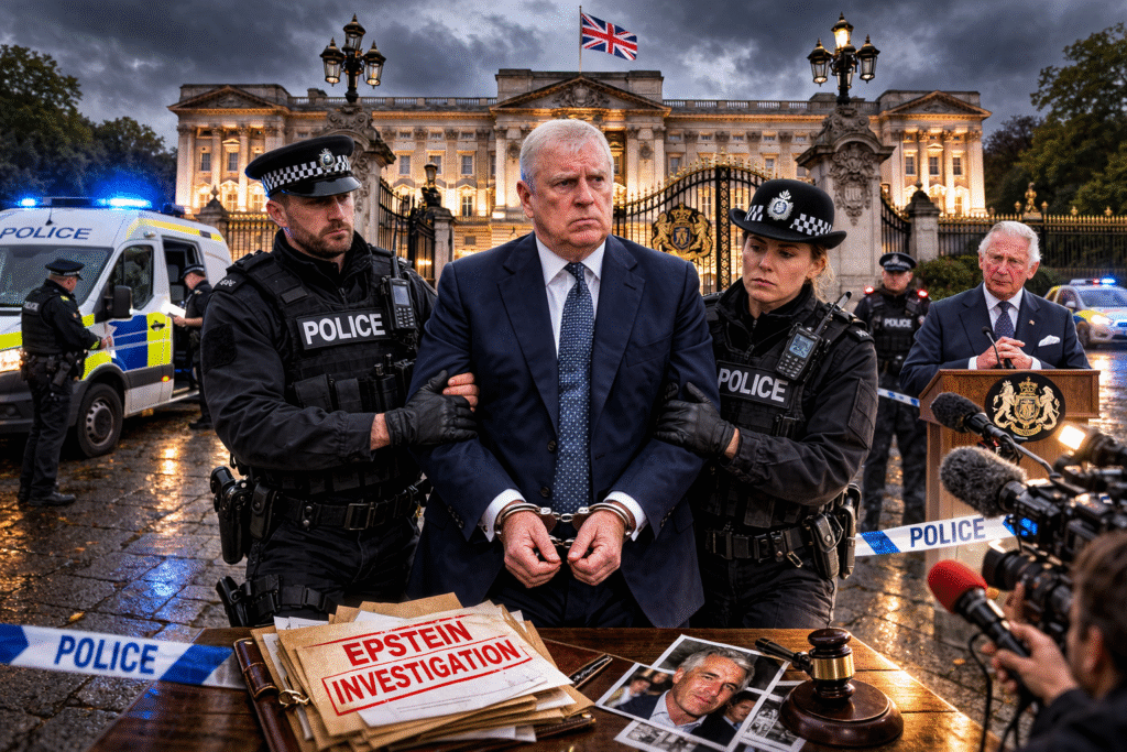 British police officers escort a handcuffed man in a dark suit outside a gated country estate as media and patrol vehicles with flashing lights surround the scene under stormy skies.