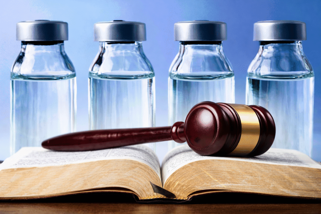 Four clear vaccine vials standing behind a wooden judge’s gavel resting on an open law book, symbolizing legal action related to immunization policy.