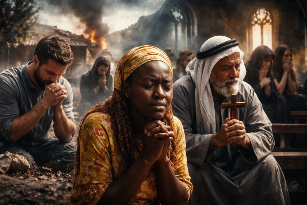 Photo-style image showing Christians from different regions praying under difficult conditions, symbolizing ongoing global persecution and challenges to worship.
