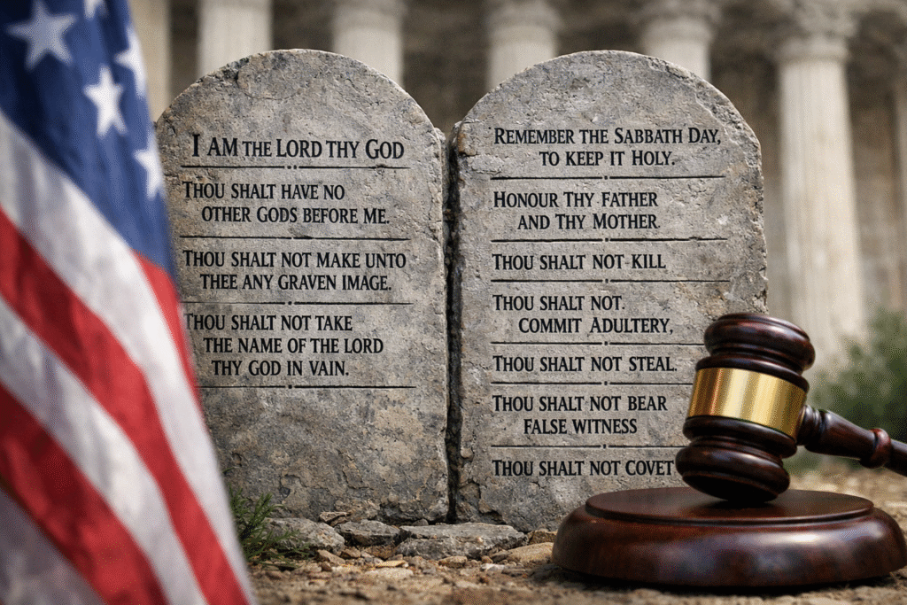 Stone tablets representing the Ten Commandments displayed in front of a courthouse with a judge’s gavel and an American flag in the background.