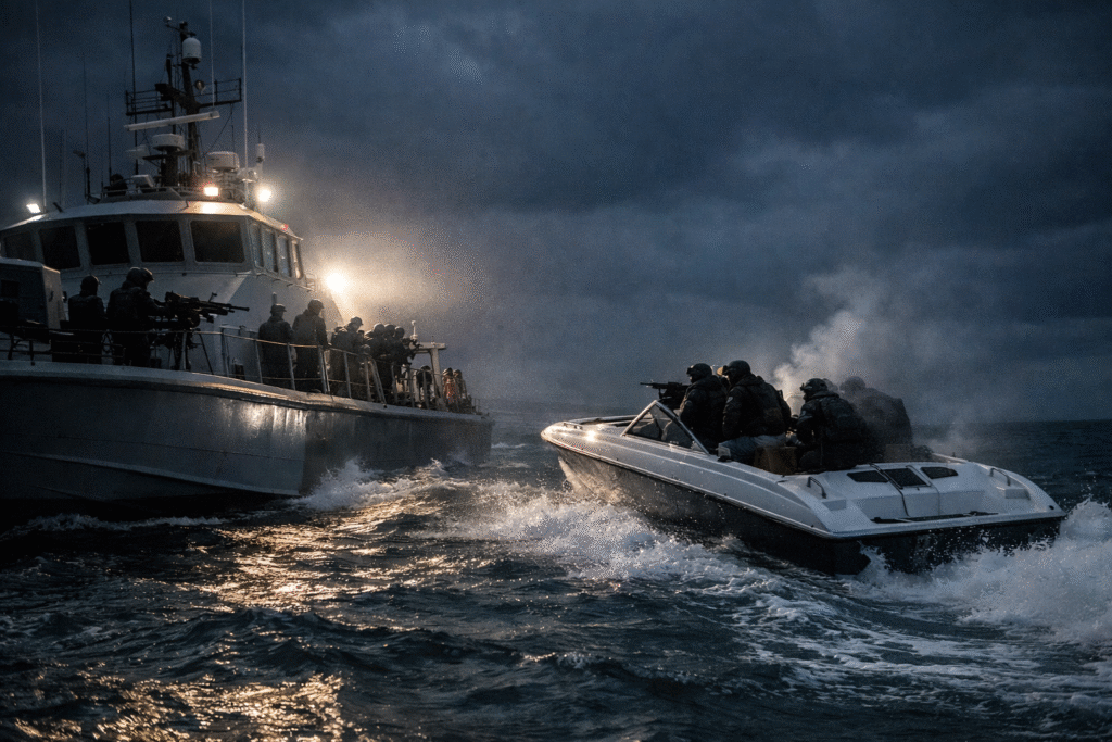 Coast guard patrol craft near a small speedboat in open water during a nighttime maritime confrontation.