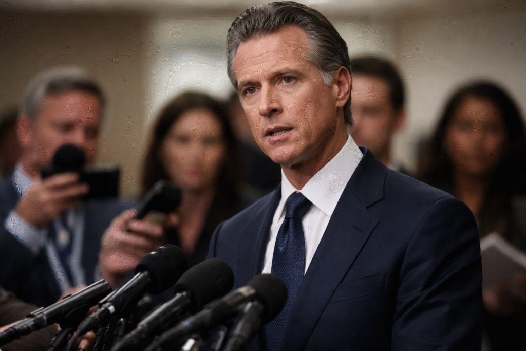 Gavin Newsom speaking at a press event with a serious expression while reporters stand blurred in the background.