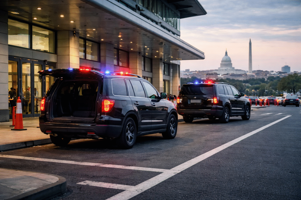 Empty airport escort vehicles parked near an airport terminal with the Washington D.C. skyline in the distance, symbolizing changes to congressional travel due to a government shutdown.
