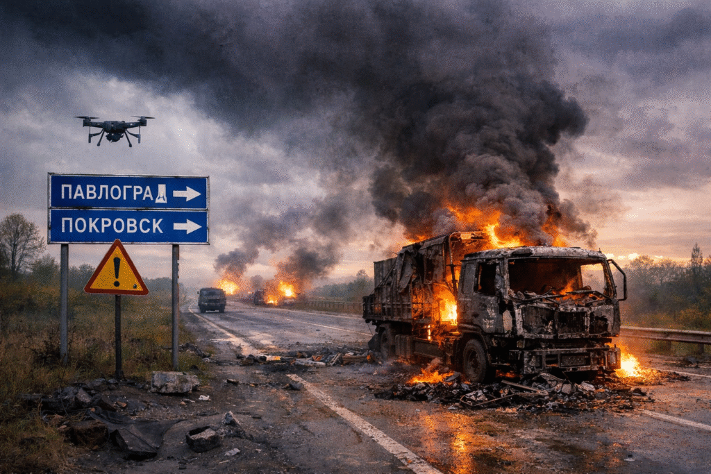 Burned cargo truck on a damaged highway with heavy smoke rising after a drone attack near the Pavlograd–Pokrovsk route in eastern Ukraine.