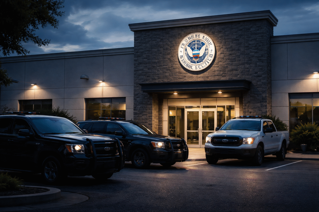 Exterior of a U.S. Immigration and Customs Enforcement field office with government vehicles parked outside, symbolizing federal immigration enforcement operations.
