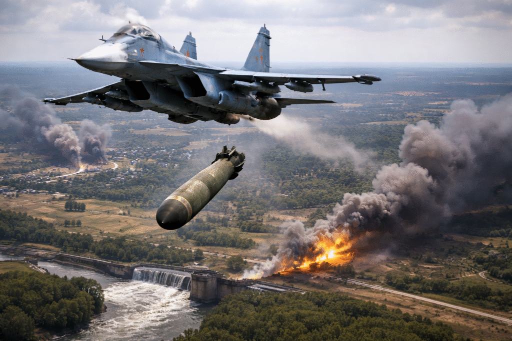 Russian Su-34 fighter-bomber releasing a large aerial bomb over a battlefield near Kostiantynivka during military operations in eastern Ukraine.